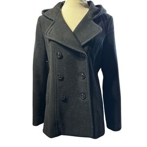 Braetan Wool Blend Pea Coat Women Medium Black Hooded Double Breasted Jacket